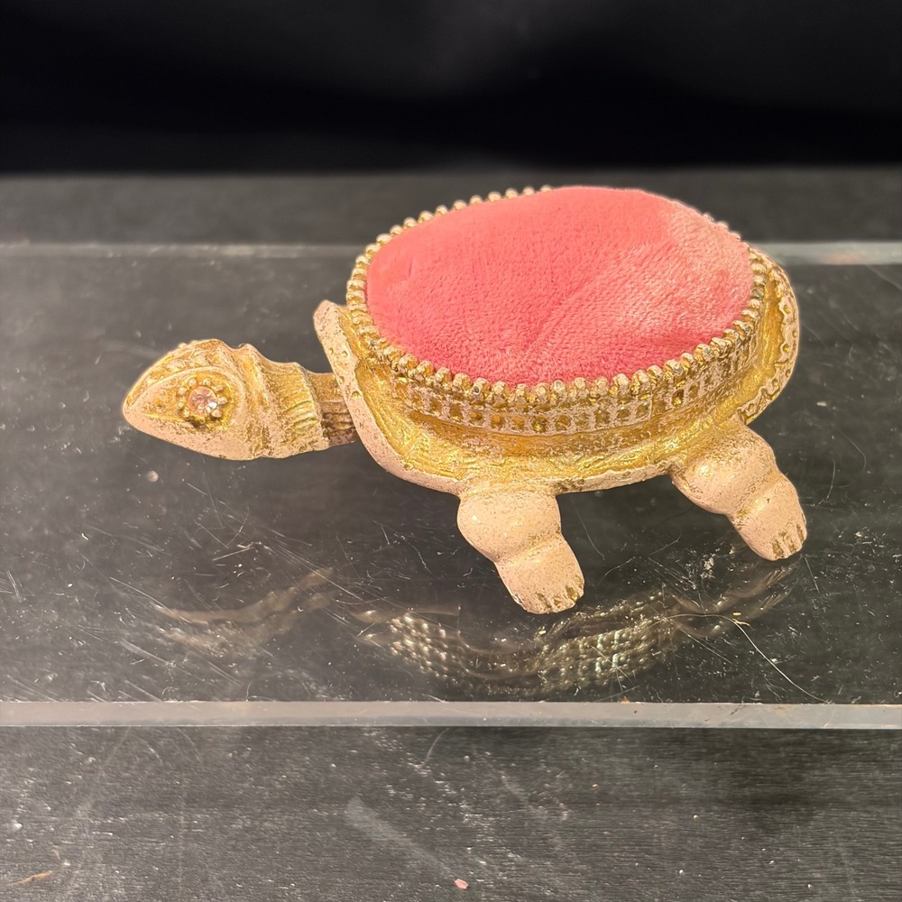 Vintage Florenza Turtle Pin Cushion Gold Tone Pink Velvet Rhinestone Eyes